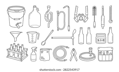 Hand drawn doodle icon set featuring homebrewing equipment including fermenters, bottles, siphon, airlock, tubing, thermometer, funnel, brush, jar, and bottling tools.