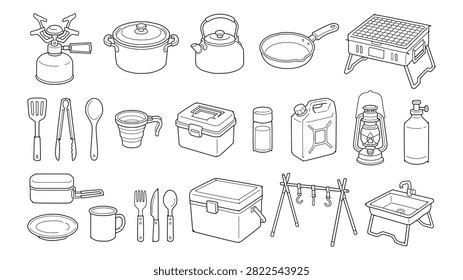 Hand drawn doodle icon set featuring camping cookware, portable stove, kettle, lantern, cooler, grill, utensils, water container, folding sink, and outdoor cooking essentials.