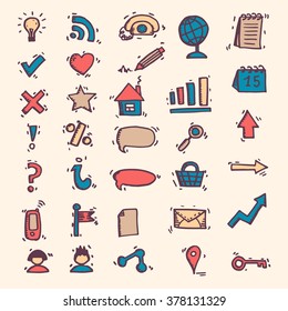 Hand drawn doodle icon. Set of social media sign. Vector design element.

