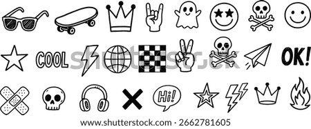Hand Drawn Doodle Icon Set – Sunglasses, Skateboard, Crown, Rock Hand, Ghost, Skull, Lightning, Peace, Cool Sticker Clipart