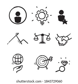 hand drawn doodle icon symbol for core values set isolated background