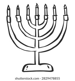 A hand drawn doodle icon of unlit menorah, a bold outline illustration for Rosh Hashana Jewish New Year.