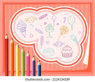 Iconos de doodle dibujados a mano con ilustración de lápices de colores