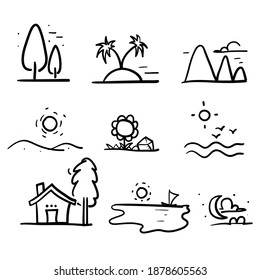 hand drawn doodle icons of landscape illustration collection vector isolated background