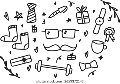 Ícones de doodle desenhados à mão - bigode, gravata, meias, relógio, caneca, coração, fita, barbell, gravata borboleta, presentes e elementos de esboço bonito