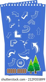 Hand drawn doodle icons on blue paper illustration