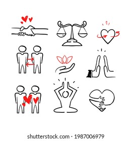 hand drawn doodle Icons Related to Harmony to Relationships, Interaction isolated