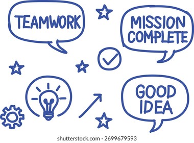 Hand drawn doodle icons representing teamwork mission accomplished good idea and innovation with stars and a checkmark