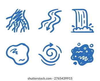 Hand drawn doodle icons representing water elements including rivers waterfalls pools vortexes and splashes