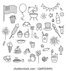 Hand drawn doodle icons set for 4th of July.  Vector sketch illustration. USA's independence day symbols collection celebration elements: BBQ, food, drink, party, rocket, fireworks, American flag