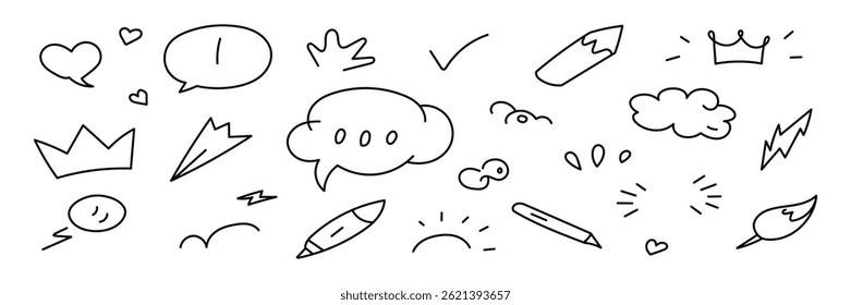 Hand drawn doodle icons set hearts, crowns, speech bubbles and sketch elements