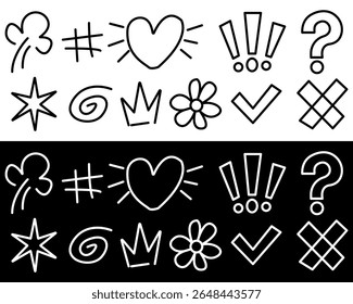 Hand Drawn Doodle Icons Set. Heart, Symbols, Emphasis Marks and Decorative Elements. Vector illustration isolated on white and black background.