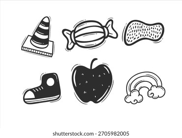 Hand Drawn Doodle Icons Set – Candy, Shoe, Apple, Rainbow and More Vector set.