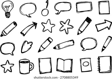 Conjunto de iconos de Doodle dibujados a mano: burbujas de discurso, flechas, estrellas y Elementos de boceto. Colección de iconos vectoriales de estilo de boceto. Doodle Burbujas de discurso y Elementos dibujados a mano - Ilustración vectorial. Boceto áspero