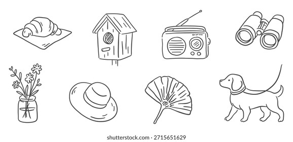 Hand drawn doodle icons set in clean line art style. Cozy everyday objects and nature elements for planners, stickers, branding, social media, packaging and modern graphic design.