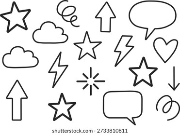 Handgezeichnete Doodle Icons Set mit Sternen Wolken Pfeile Herzen Blitz und Sprechblasen