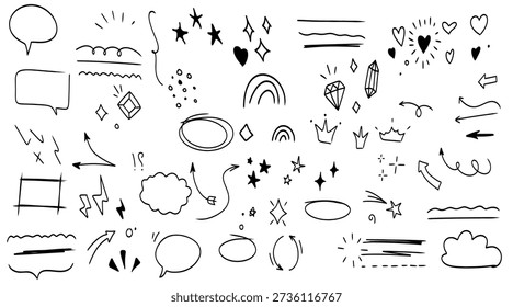 Hand drawn doodle icons set with arrows, stars, clocks, and symbols vector illustration flat design