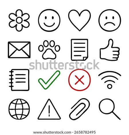 Hand Drawn Doodle Icons Set of Everyday Objects and Emotions in Outline Style