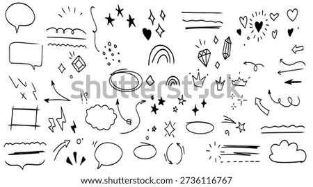 Hand drawn doodle icons set with arrows, stars, clocks, and symbols vector illustration flat design