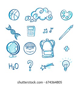 Hand drawn doodle icons. Vector illustration. Set for back to school design. Globe, dna, ball, calculator, cloud, palette