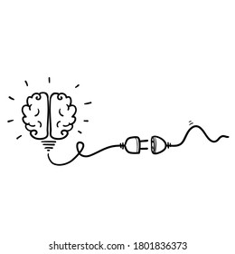 hand drawn doodle Idea concept, human brain in light bulb, creative bulb sign, innovations. vector