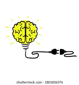 hand drawn doodle Idea concept, human brain in light bulb, creative bulb sign, innovations. vector
