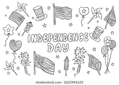 Hand drawn doodle illustration with American flags, fireworks, hats and balloons surrounding Independence Day text. Concept of patriotic celebration, 4th of July, and national holiday