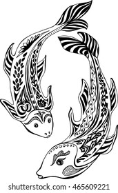Hand drawn doodle illustration. Astrology sign Pisces. Black and white.