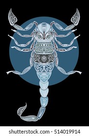Hand drawn doodle illustration. Astrology sign Scorpio. Blue tones on black.