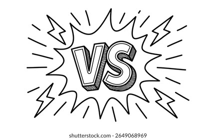 Hand drawn doodle illustration of bold VS letters with comic-style lightning and explosion effects. Perfect for competition, versus concept, or game battle theme. Isolated on white background.