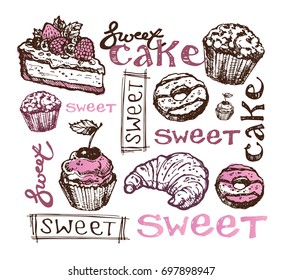 Hand drawn doodle illustration with cake, cupcake, cheese cake, donut, toast with fruit 
