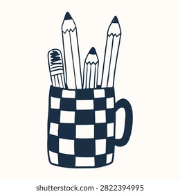 Hand drawn doodle illustration with a checkered cup holding pencils and an eraser in dark blue ink on a light background. Education and office stationery concept