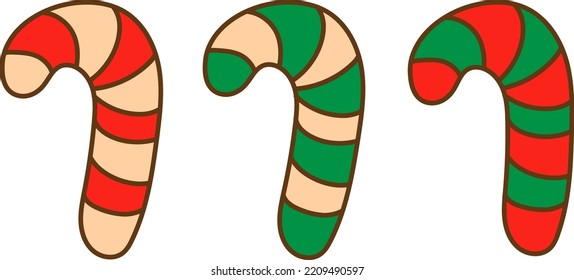 Hand drawn doodle illustration of Christmas candy cane. Striped lollipop sweet. Vector illustration isolated on white background.