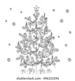 Hand drawn doodle illustration of Christmas tree with garland and gift boxes. Decorative page of fir tree for adult coloring book.