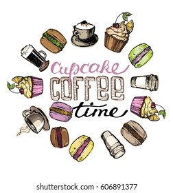 Hand drawn doodle illustration with coffee, cupcake and macaroon. Dessert and hot cup of coffee. Vector illustration.