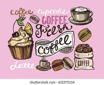 Hand drawn doodle illustration with coffee, cupcake and macaroon. Dessert and hot cup of coffee. Vector illustration.