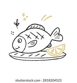 Hand drawn doodle illustration of a cooked fish served on a plate with a wedge of lemon isolated on a white background
