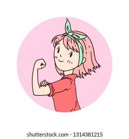 Hand drawn doodle illustration of a cute cartoon girl in a circle. Strong girl, woman drawing. International womens day theme. 