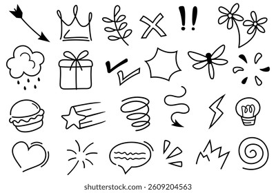 Hand drawn doodle illustration. Decorative outline element set. 