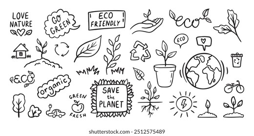 Desenhado à Mão Doodle Ilustração do Conceito Ecológico, Reduzir Reutilizar Recusa, Energia Verde. Contorno definido. Ilustração vetorial