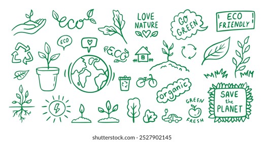 Hand Drawn Doodle Illustration of Ecology Concept, Reduce Reuse Refuse, Green Energy. Outline set. Vector illustration