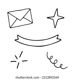 Hand drawn doodle illustration. Envelope, banner and stars