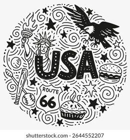 Hand drawn doodle illustration featuring iconic American symbols such as the Statue of Liberty, Route 66, bald eagle, burger, baseball, and pie. Perfect for posters, prints or editorials.

