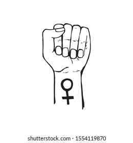 Hand drawn doodle illustration of fist. Women concept design. Symbols of feminism and body positivity movement. 