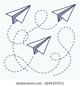 Ilustração em doodle desenhada à mão de aviões de papel voador com linhas tracejadas mostrando trajetórias de voo em um fundo de papel de grade. Ideal para conceitos de escola, criatividade e liberdade.
