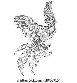 Hand drawn doodle illustration of Flying Phoenix Bird with beautiful ethnic floral design.