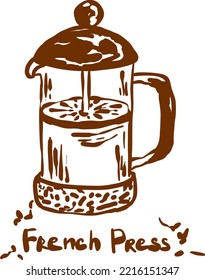 Hand drawn doodle illustration of french press coffee maker. On a white background. Methods of brewing coffee. For coffee house, banners, prints, signs