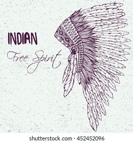 Hand drawn doodle illustration of headdress for native american indian chief isolated on vintage background. Detailed drawing in line art graphic style. Tattoo sketch, textile print, brochure, card