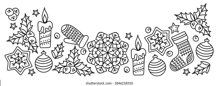 Hand drawn Doodle illustration of a horizontal banner . Christmas and New year elements . Festive cartoon background.Black and white vector compositions