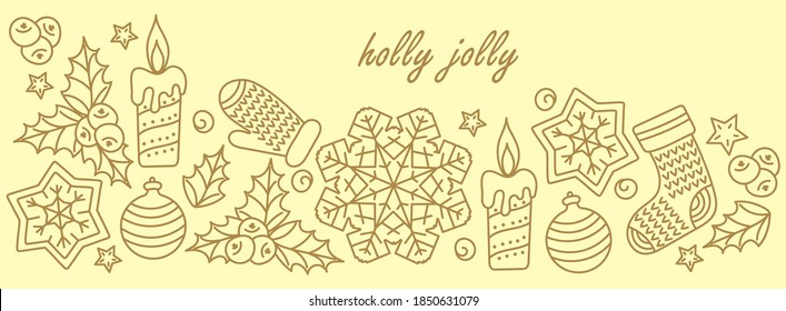Hand drawn Doodle illustration of a horizontal banner . Christmas and New year elements . Festive cartoon background.
